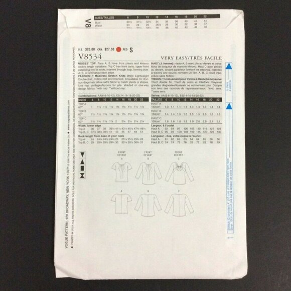 Vogue V8534 Sewing Pattern Womens Knit Tops Sizes 6-8-10-12 Very Easy - Picture 2 of 3